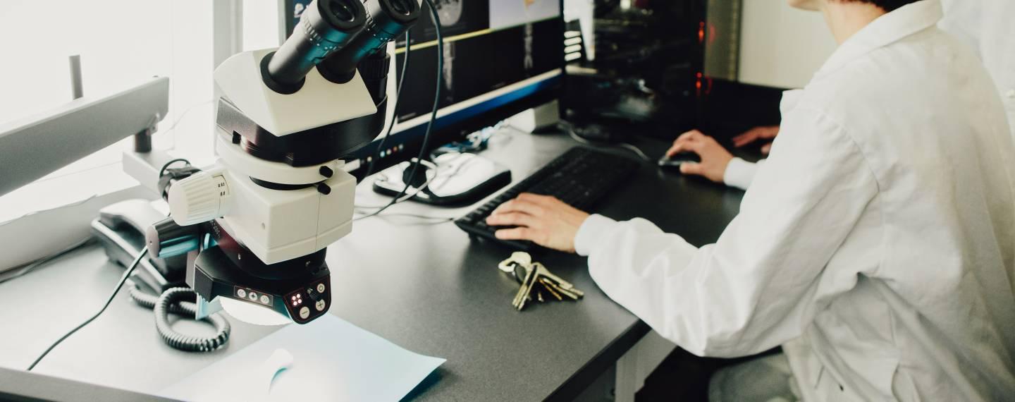 A scientist analyzes X rays on a computer