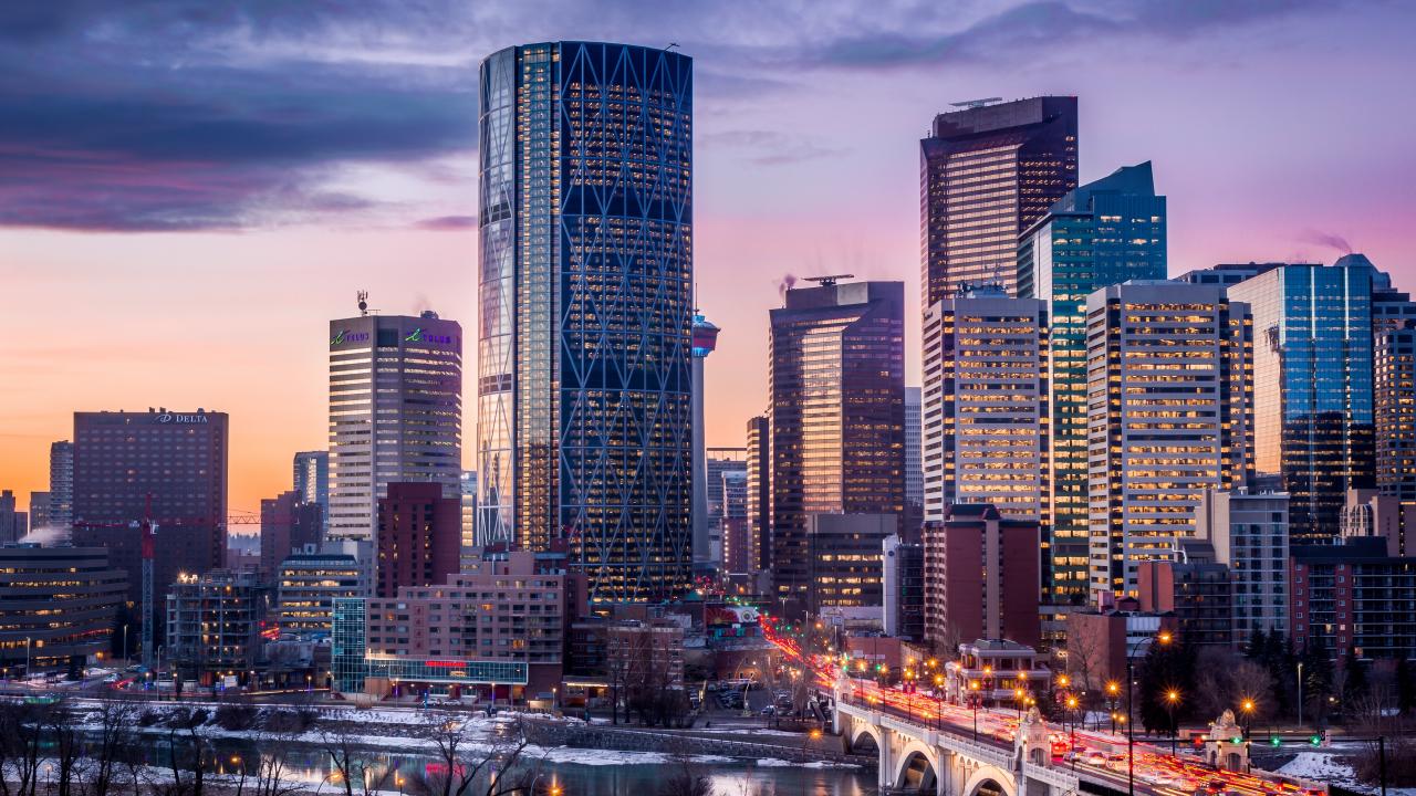 view of Calgary’s skyline at sunset