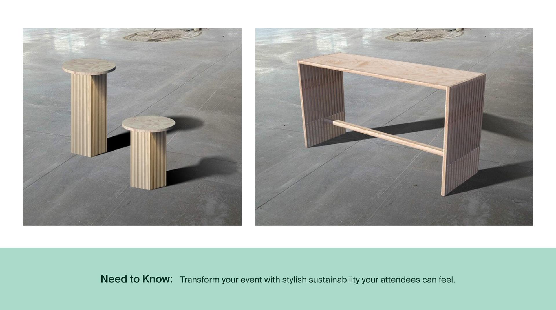 graphic of tables with the text underneath of "Need to Know: Transform your event with stylish sustainability your attendees can feel."