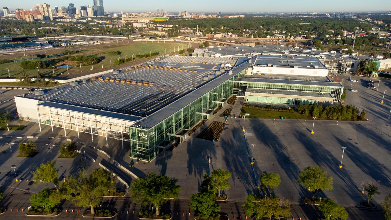 Aerial image of solar panels on roof of the Edmonton EXPO Centre