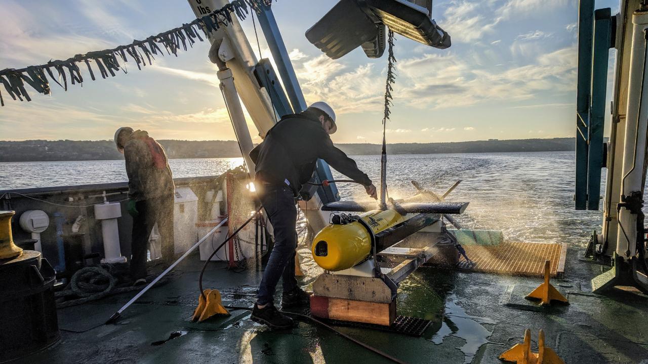 Martine worker with equipment on vessel